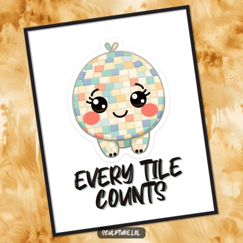 Funny Free Printable Wall Art: a curious mosaic character with tiny smiling tile eyes, a vibrant piece of art.