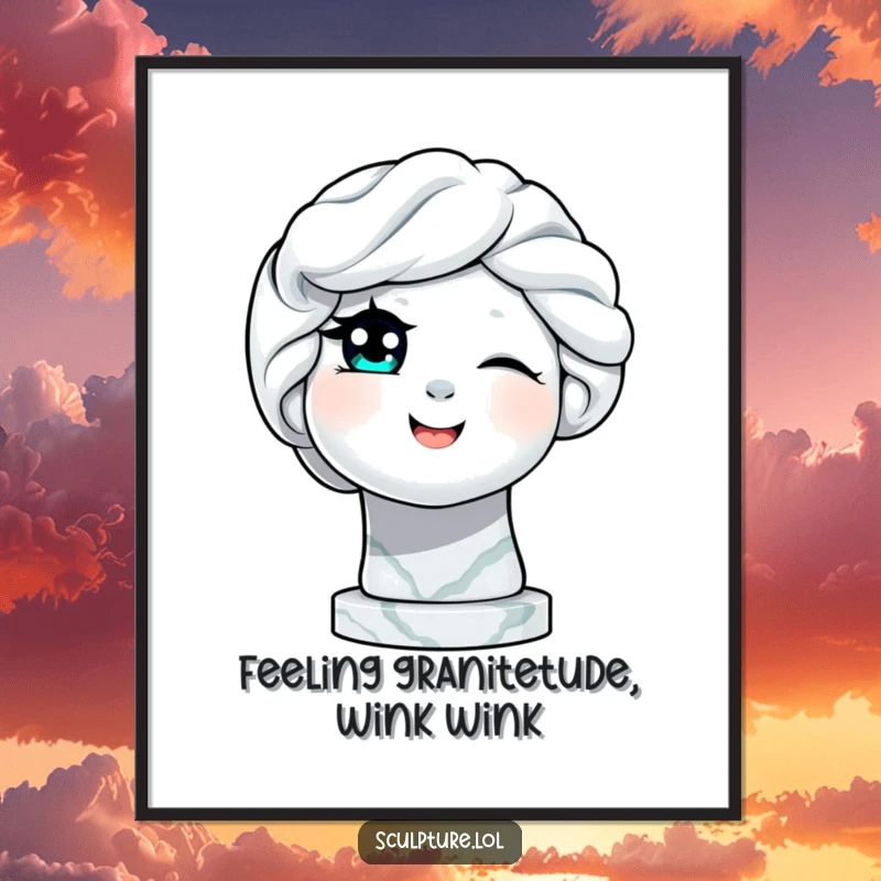 Funny Free Printable Wall Art: A sophisticated marble statue delivering a charming wink with a smile.