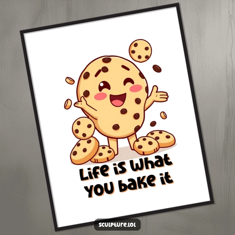 Funny Free Printable Wall Art: A delighted chocolate chip cookie character juggling smaller cookies with impressive skill and joy.