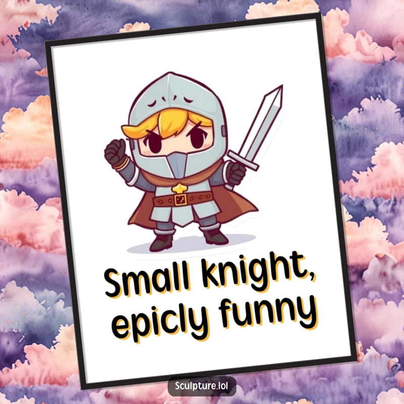 Funny free printable wall art of a determined small knight triumphantly holding a tiny sword, inspiring courage and adventure.