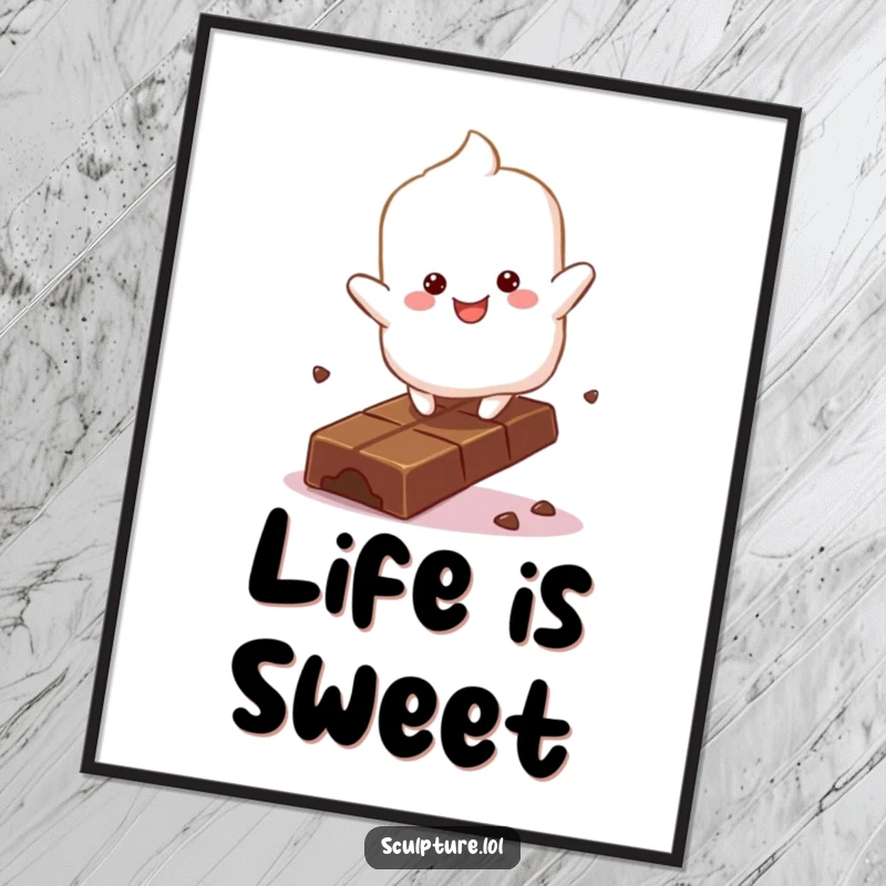 Funny Free Printable Marshmallow Wall Art: A fluffy marshmallow character joyfully bouncing on a chocolate bar, perfect for whimsical decor.
