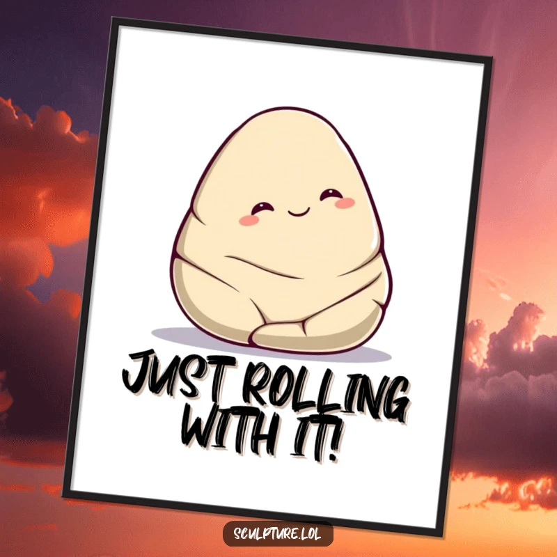 Funny Free Printable Wall Art: A smooth, happy stone character gently rolls downhill, embodying pure contentment.