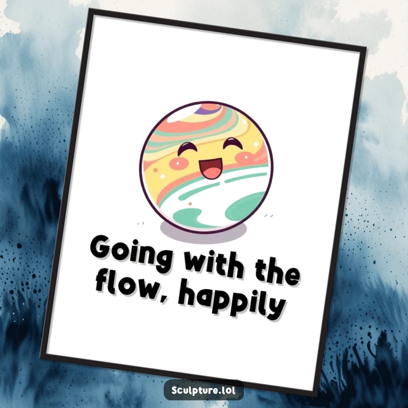 Funny Free Printable wall art: a delighted marble with a happy face in motion, rolling downhill, a whimsical art piece.