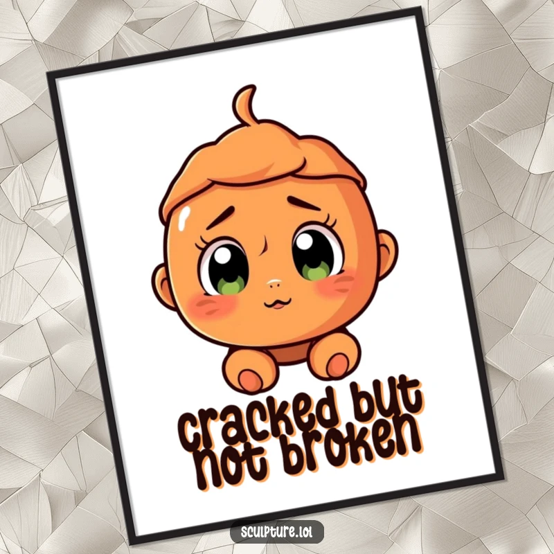 Funny Free Printable Wall Art: A surprised terracotta character with wide eyes and a cracked, slightly open smile.