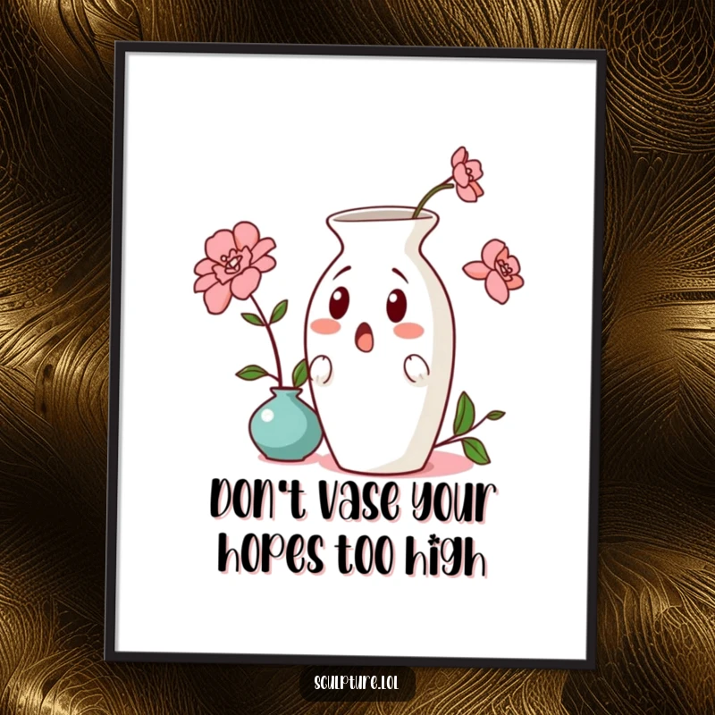 Funny Free Printable Wall Art: A ceramic vase frozen in a moment of comical surprise, leaning precariously.