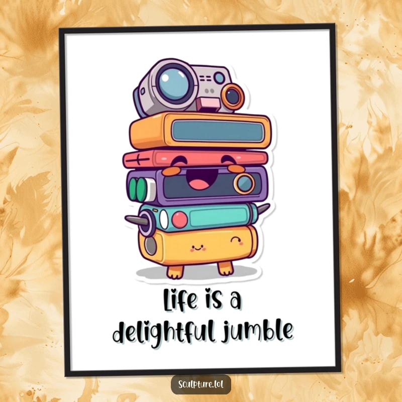 Funny Free Printable Wall Art: A giggling found object character comically stacked high, showcasing unique and humorous artistic expression.