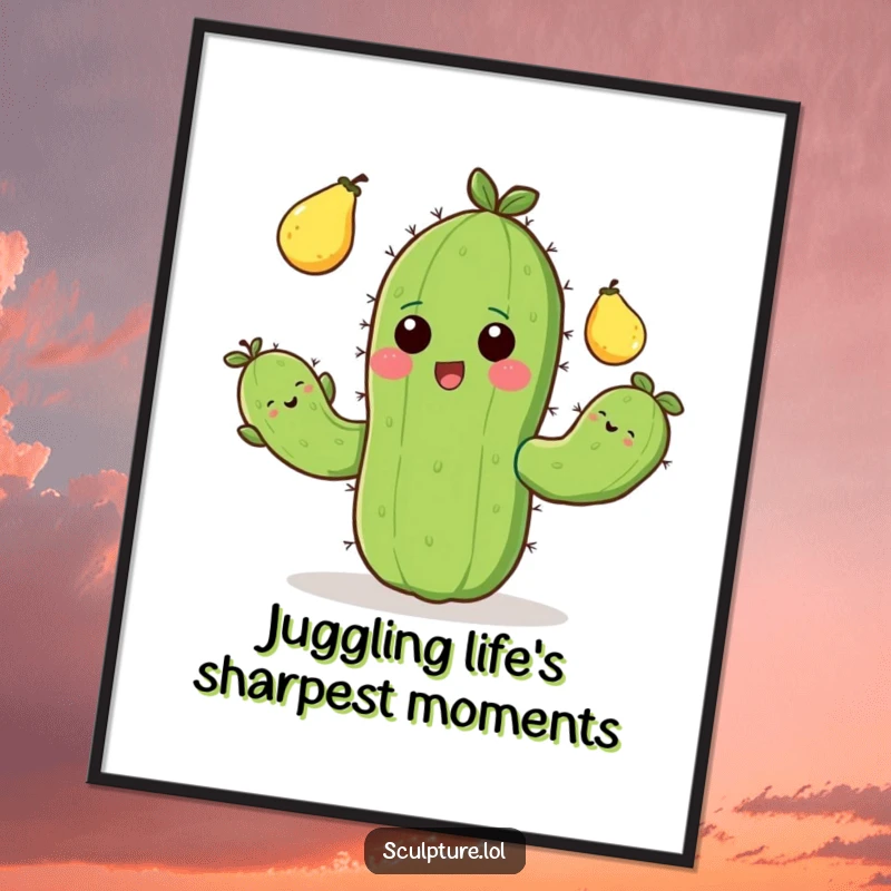 Funny Free Printable Wall Art: A happy cactus with stubby arms expertly juggling prickly pears, a vibrant and fun image.