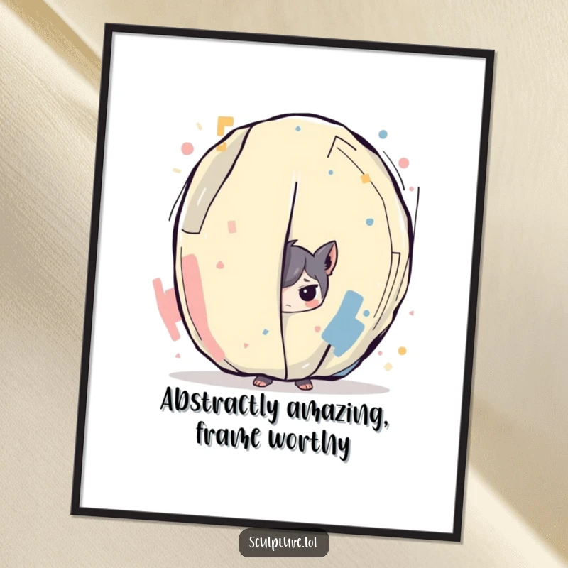 Funny Free Printable Wall Art of a mischievous character with wide eyes hiding behind a huge, colorful, abstract painting.