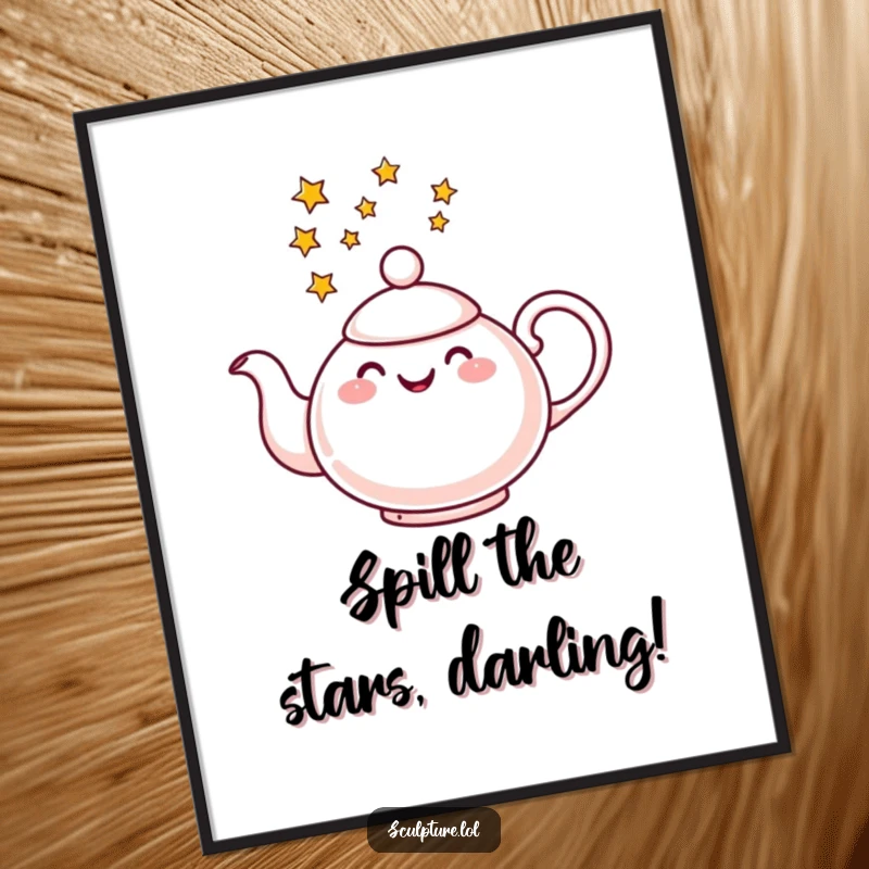 Funny Free Printable Wall Art: A cheerful teapot pours a magical stream of twinkling stars, adding whimsical decor to any room.