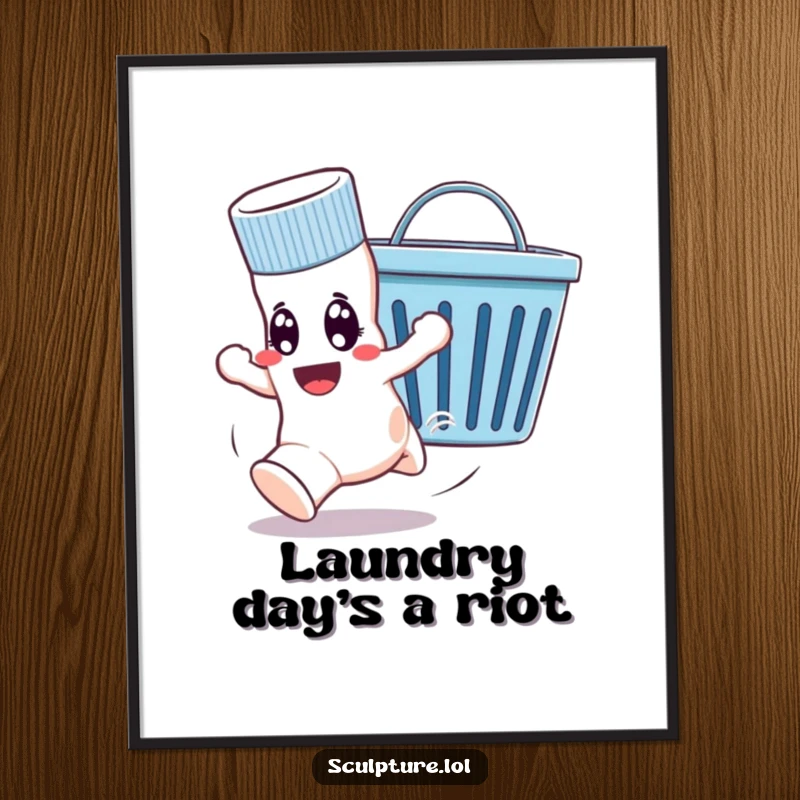 Funny Free Printable Wall Art: A wide-eyed sock fleeing a friendly laundry basket, a whimsical and humorous scene.