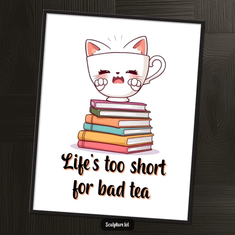 Funny Free Printable Wall Art: A startled teacup with tiny paws precariously balancing on a stack of wobbly books.