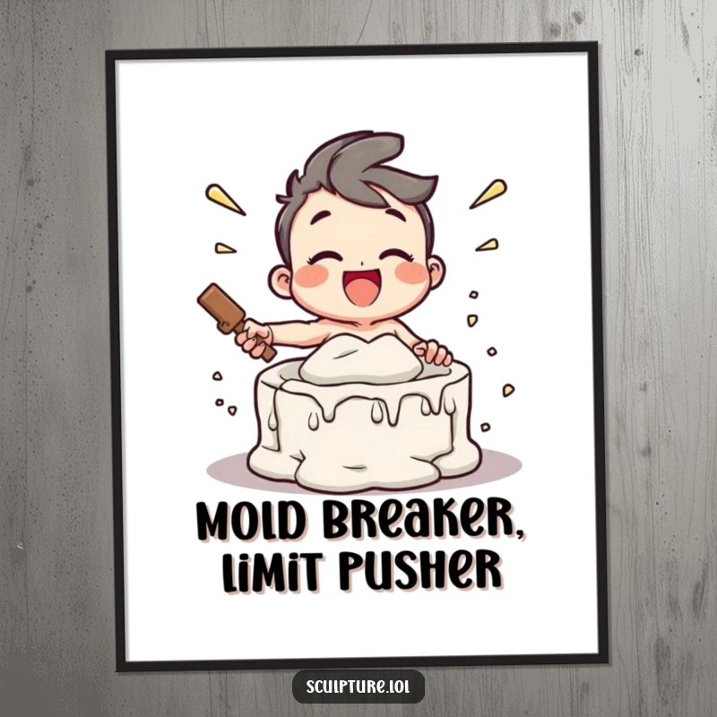 Funny Free Printable Wall Art depicting a joyful character with a huge smile enthusiastically smashing a plaster mold.