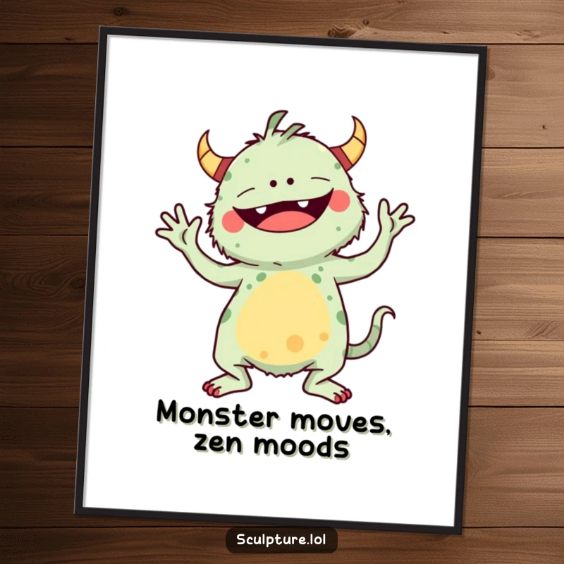 Funny Free Printable Wall Art: A whimsical monster humorously attempting a challenging yoga pose.