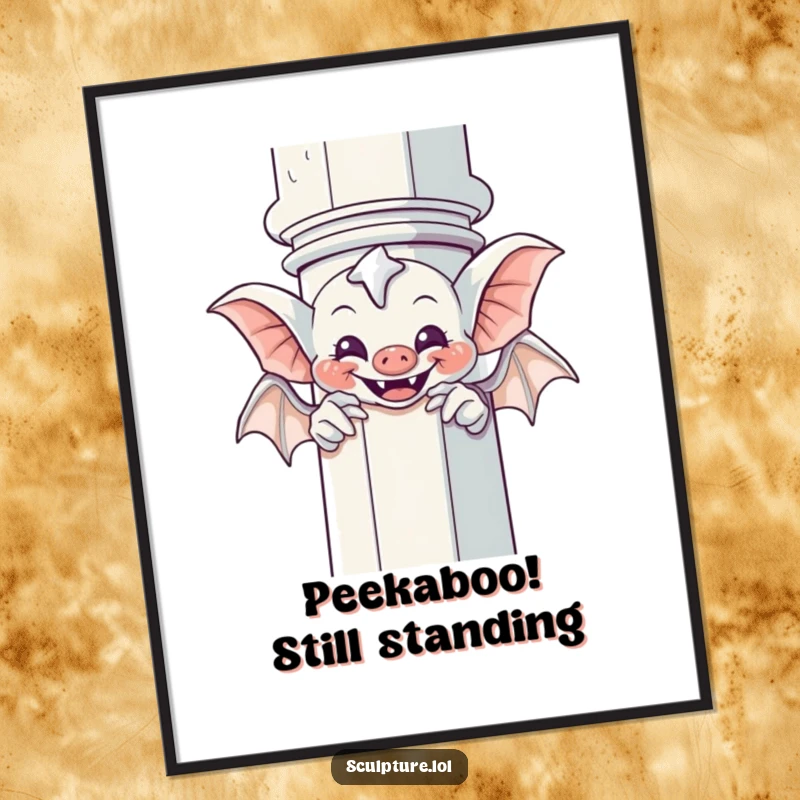 Funny Free Printable Wall Art: A giggling gargoyle character playfully peeks out from behind a stone column in a game of peek-a-boo.