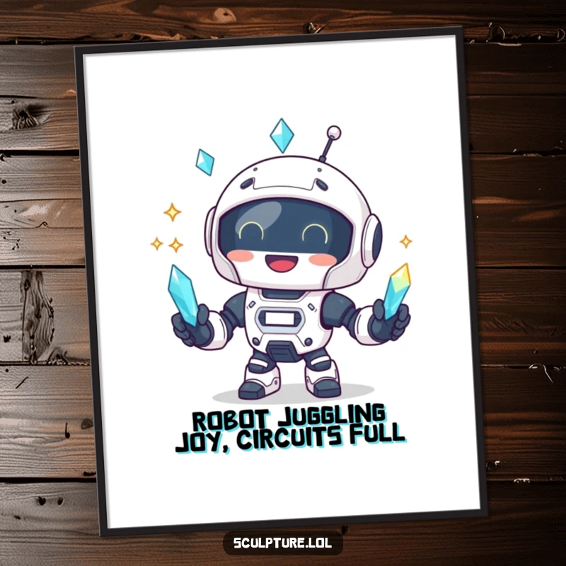 Funny Free Printable Wall Art: A delighted robot juggles three sparkling crystals, adding a playful, futuristic charm to the room.