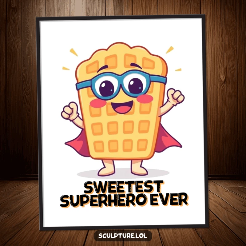 Funny Free Printable Waffle Superhero Wall Art: A smiling waffle character doing a dynamic superhero pose, bringing power and humor.