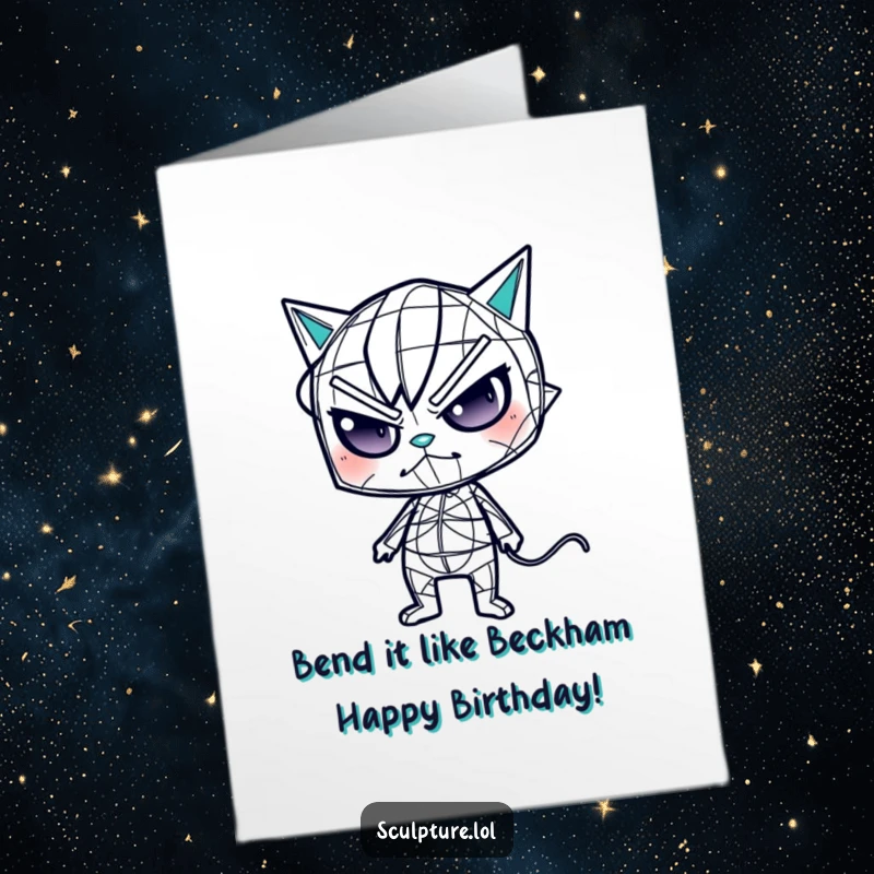 Funny Free Printable Birthday Card: Mischievous wireframe character doing a bizarre, contorted dance, ready to party.