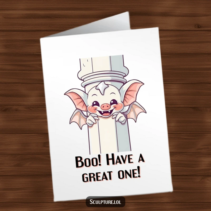 Funny Free Printable Birthday Card: A giggling gargoyle peeks out playfully from behind a stone column, playing peek-a-boo.