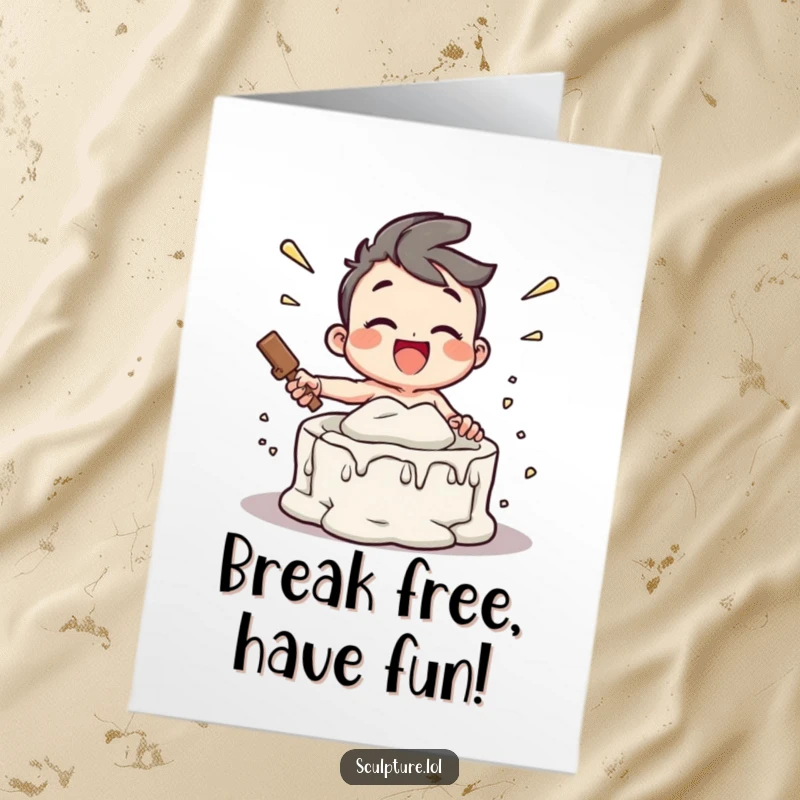 Funny Free Printable Birthday Card showcasing a joyful character gleefully smashing a plaster mold with pure excitement.