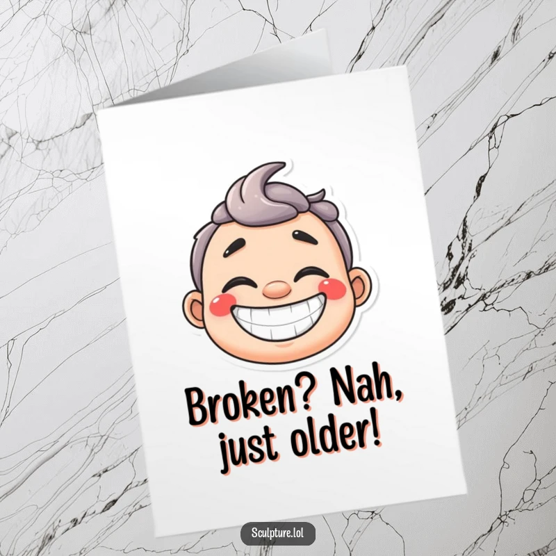 Funny Free Printable Plaster Cast Birthday Card: Happy character with a wide grin, celebrating.