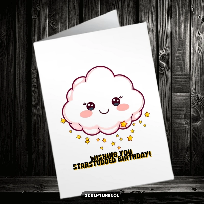 Funny Free Printable Birthday Card: A cheerful sculpted cloud character happily raining down tiny, sparkling stars for a birthday wish.