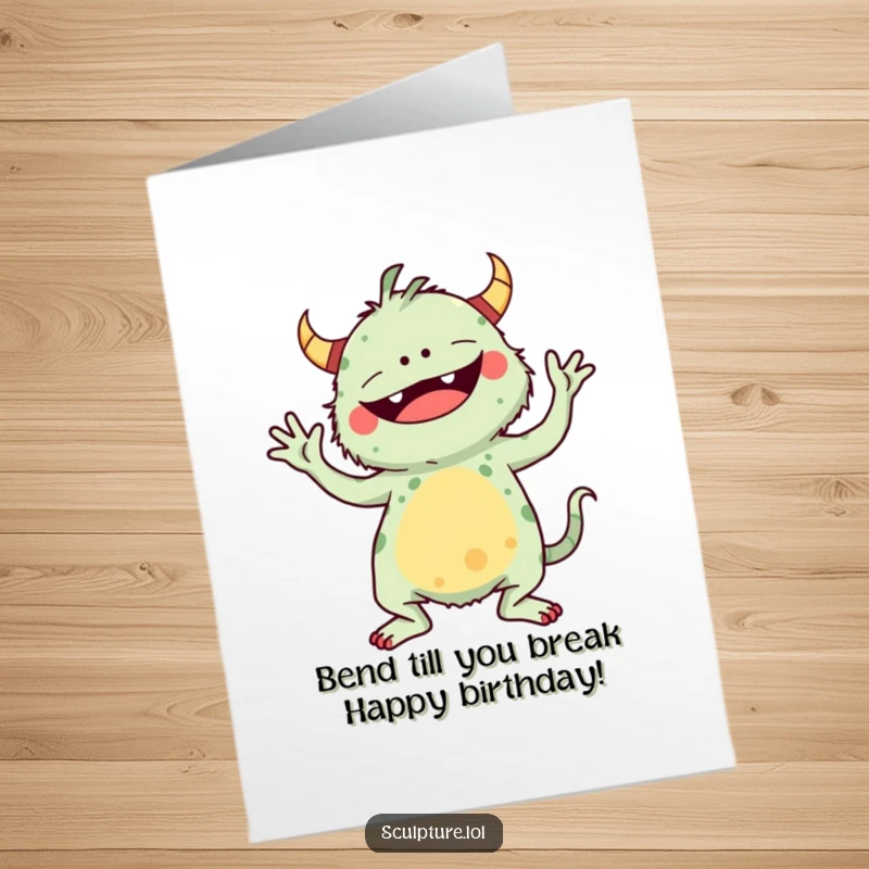 Funny Free Printable Birthday Card: A whimsical, multi-limbed monster contorted into a hilarious yoga pose.