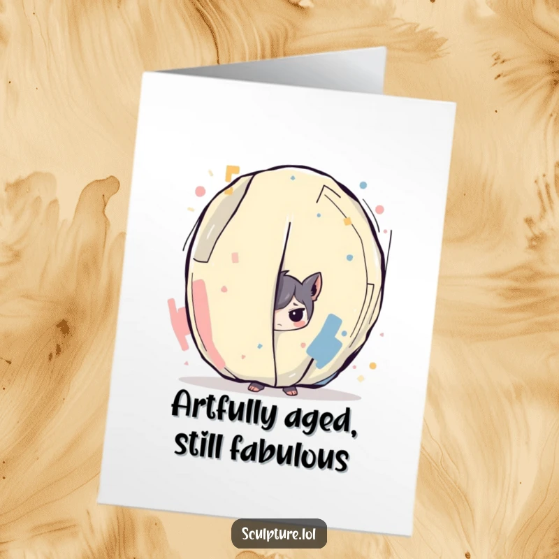 Funny Free Printable Birthday Card featuring a mischievous character peeking from behind a huge, colorful abstract art piece.