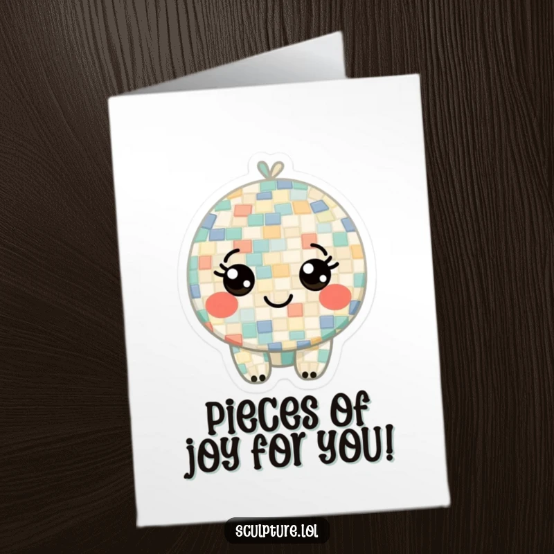 Funny Free Printable Birthday Card: a curious mosaic character with tiny, smiling tile eyes, spreading birthday cheer.