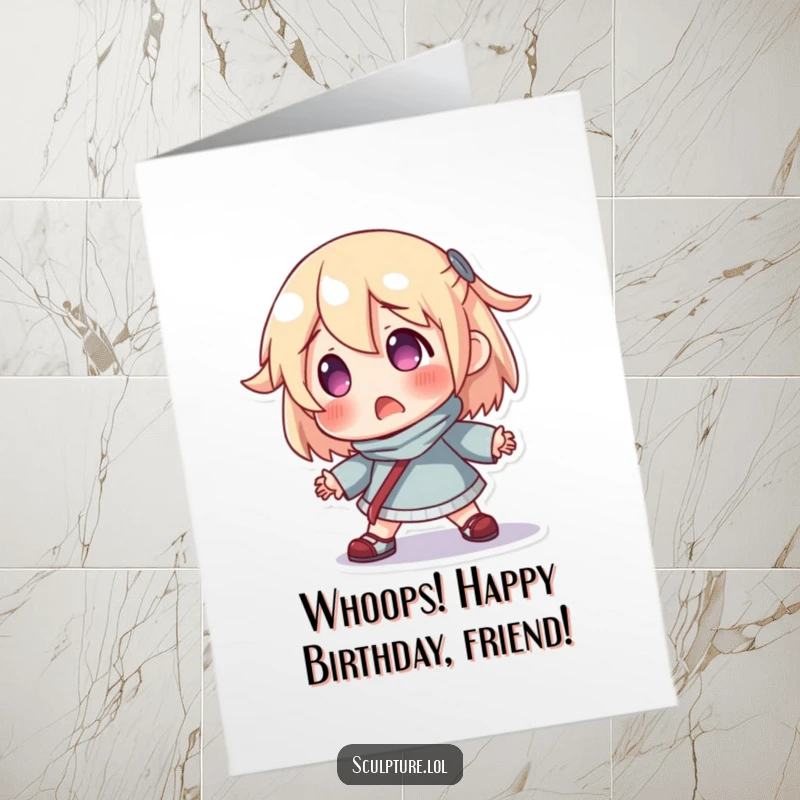 Funny Free Printable Birthday Card featuring a shocked resin character tumbling hilariously off balance, ready for a laugh.