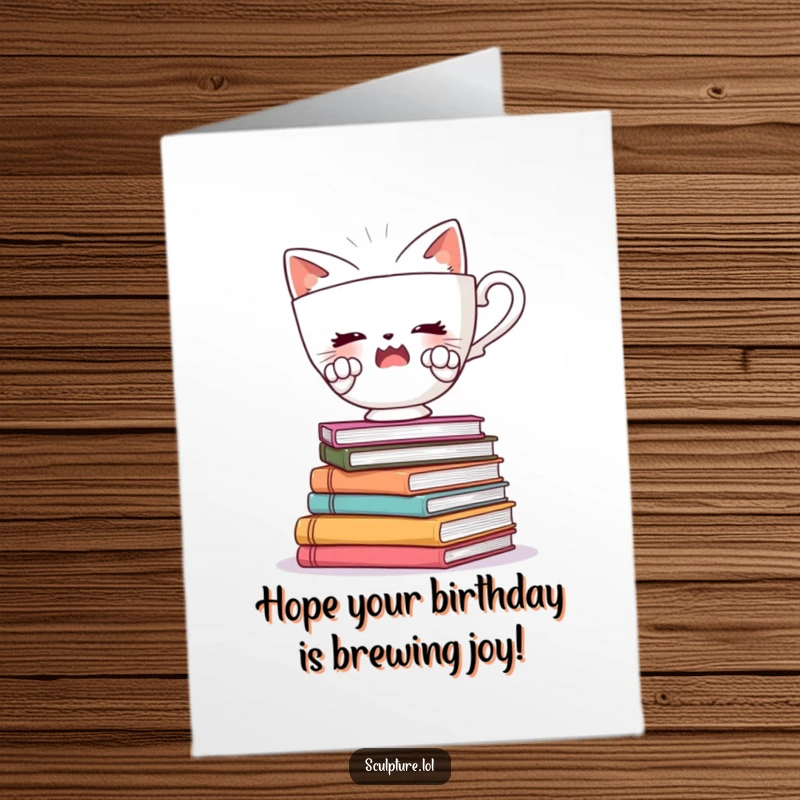 Funny Free Printable Birthday Card: A startled teacup with tiny paws precariously balancing on wobbly books.