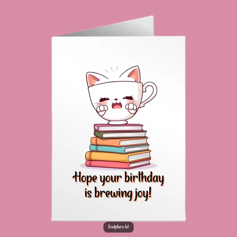 Free Printable Birthday Teacup Card: Wobbly Books Balance Art Downloadable Gift