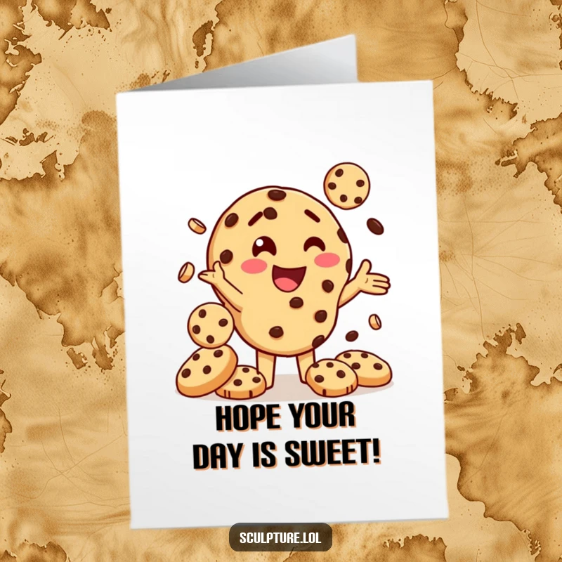 Funny Free Printable Birthday Card: A delighted chocolate chip cookie character expertly juggling smaller cookies with glee.