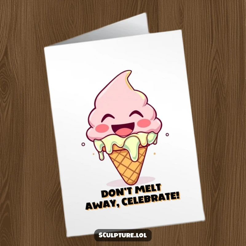 Funny Free Printable Birthday Card: A melting ice cream cone character joyfully laughing, celebrating a sweet occasion.