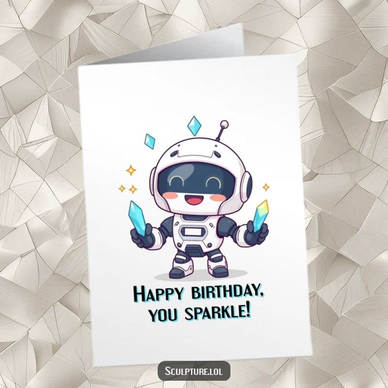 Funny Free Printable Birthday Card: Delighted robot expertly juggles sparkling crystals, celebrating a special day with joy.
