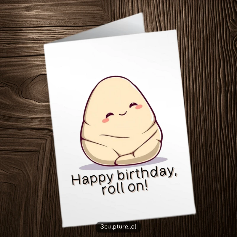 Funny Free Printable Birthday Card: A smooth stone character happily rolls downhill with a genuine smile.