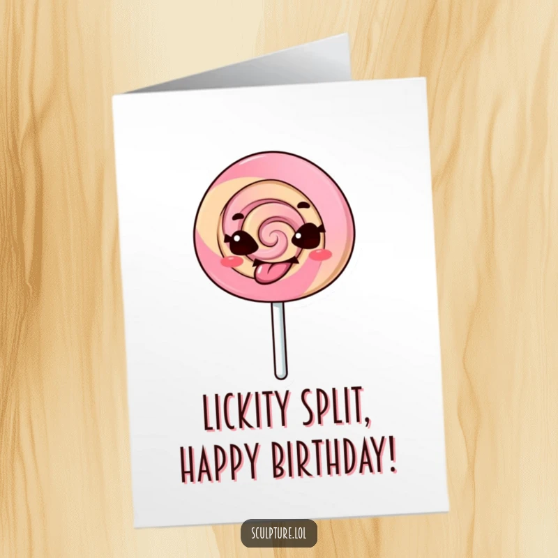 Funny Free Printable Birthday Card: A mischievous lollipop character comically sticks out its tongue, sending birthday wishes.