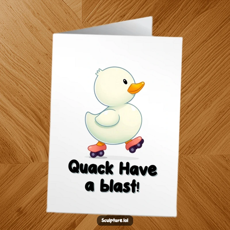 Funny free printable birthday card of a rubber ducky in tiny roller skates, joyfully bouncing for a celebration.