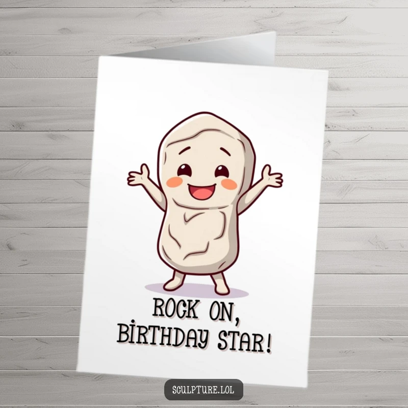 Funny free printable birthday card featuring a happy stone figure doing a lively dance jig with great enthusiasm and a smile.