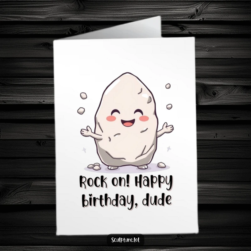 Funny Free Printable Birthday Card: A smiling rock character gleefully juggling several small, round pebbles.