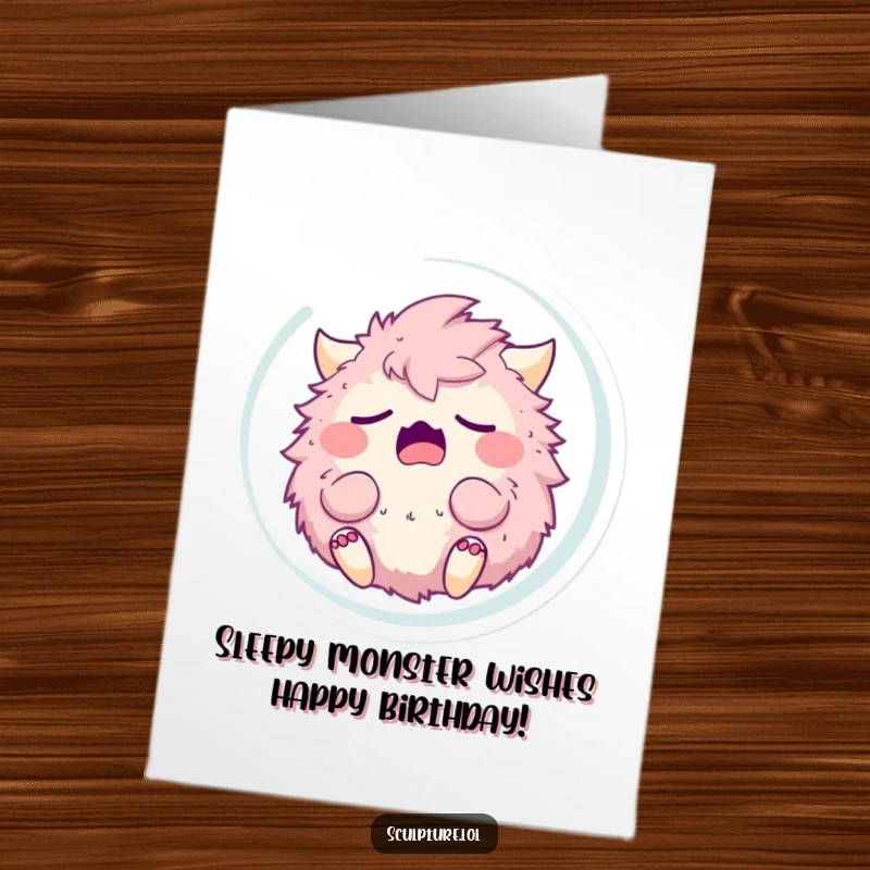 Funny free printable birthday card with a fluffy monster yawning lazily while floating in a bubble, a whimsical DIY gift.
