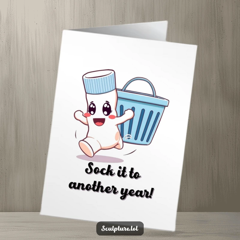 Funny Free Printable Birthday Card: Wide-eyed sock fleeing a friendly, pursuing laundry basket, perfect for a laugh.