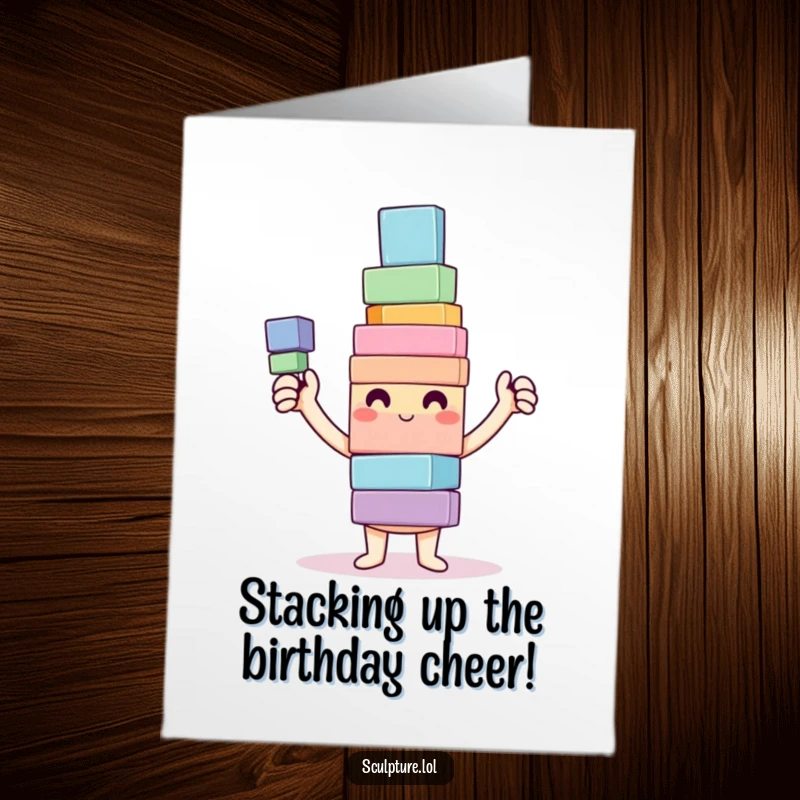 Funny free printable birthday card with a happy character proudly displaying a wobbly, colorful tower of blocks.