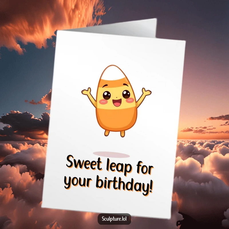 Funny Free Printable Birthday Card: A happy candy corn character is caught in a silly, joyful leap.