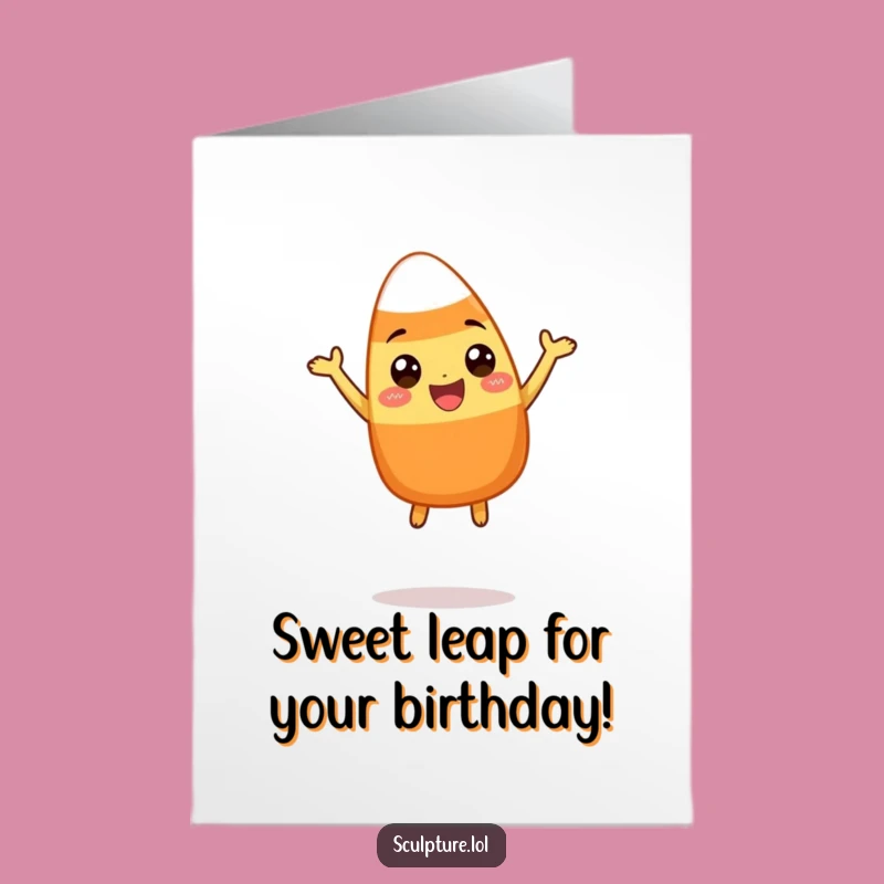 Free Printable Birthday Card: Candy Corn Leap Funny Downloadable Gift for Sweet Celebrations