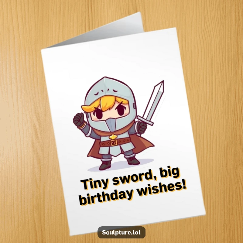 Funny free printable birthday card with a small knight triumphantly holding a tiny sword, celebrating a heroic occasion.