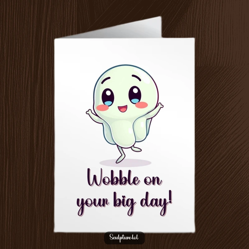 Funny Free Printable Birthday Card: A cute, wobbling jelly character doing a hilarious little jig, spreading birthday cheer.