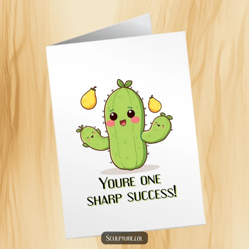 Funny Free Printable Congrats Card: A happy cactus impressively juggling prickly pears, celebrating a great success.