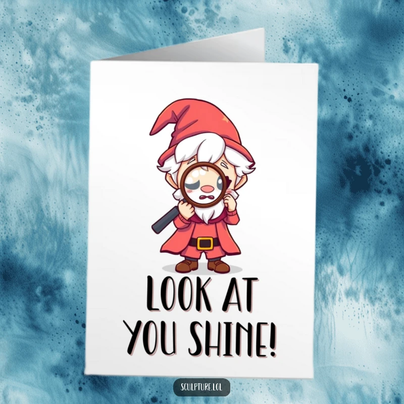 Funny Free Printable Congratulations Card: Curious tiny wizard peeking through a magnifying glass, examining a success.