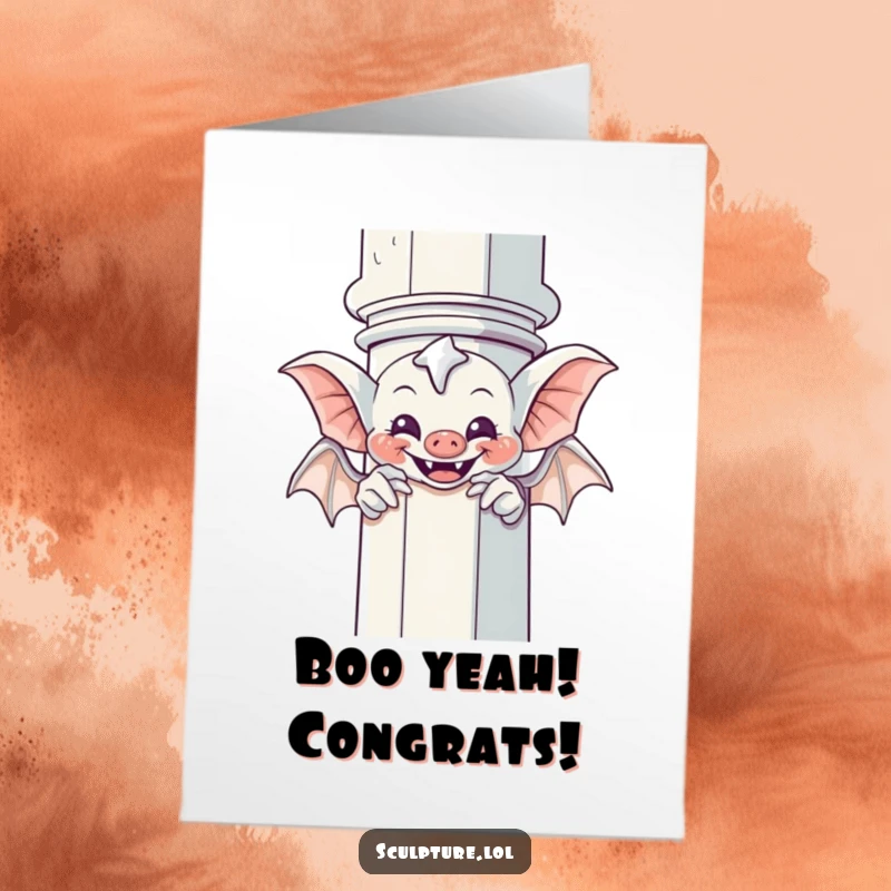 Funny Free Printable Congratulations Card: A giggling gargoyle character playfully hides and peeks from behind an architectural column.