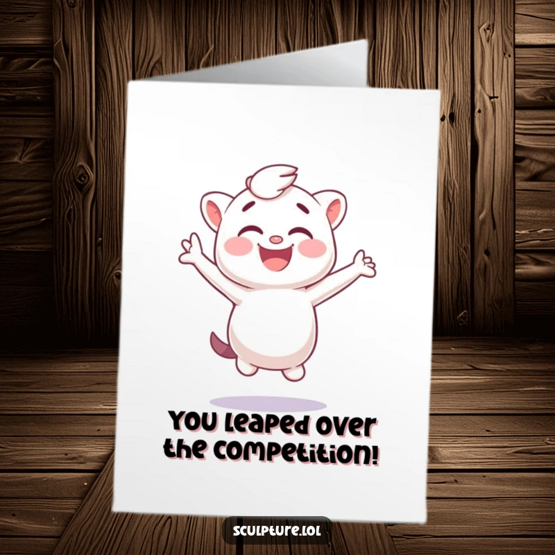 Funny Free Printable Congratulations Card: A plaster cast figure giggling uncontrollably as it makes a funny sideways jump.